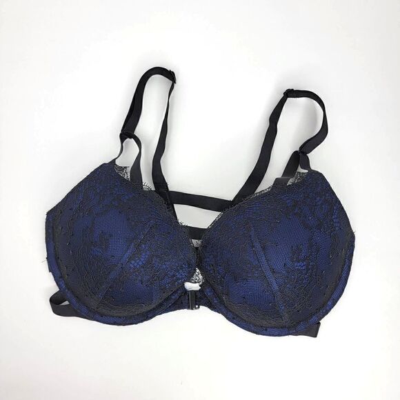 Victorias Secret Push Up Cutout Strappy Lace Blue Black 32 DD - Picture 1 of 13
